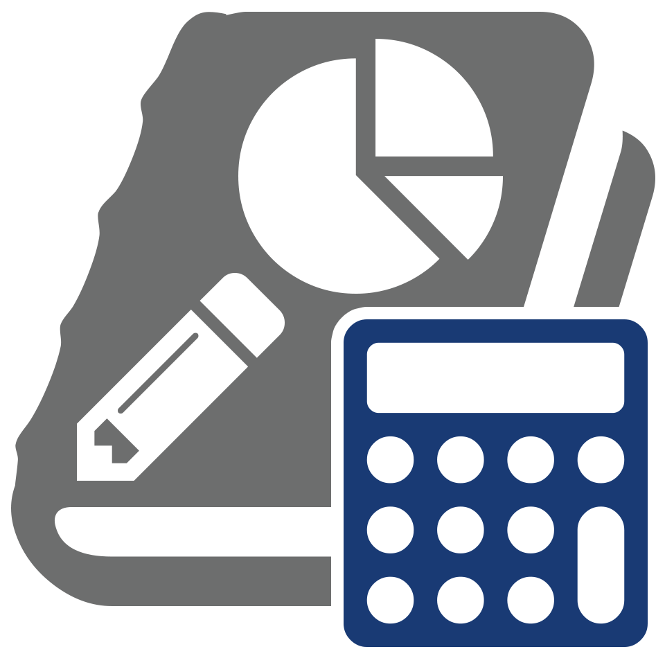 ledger book, pie chart, and pencil with calculator icon